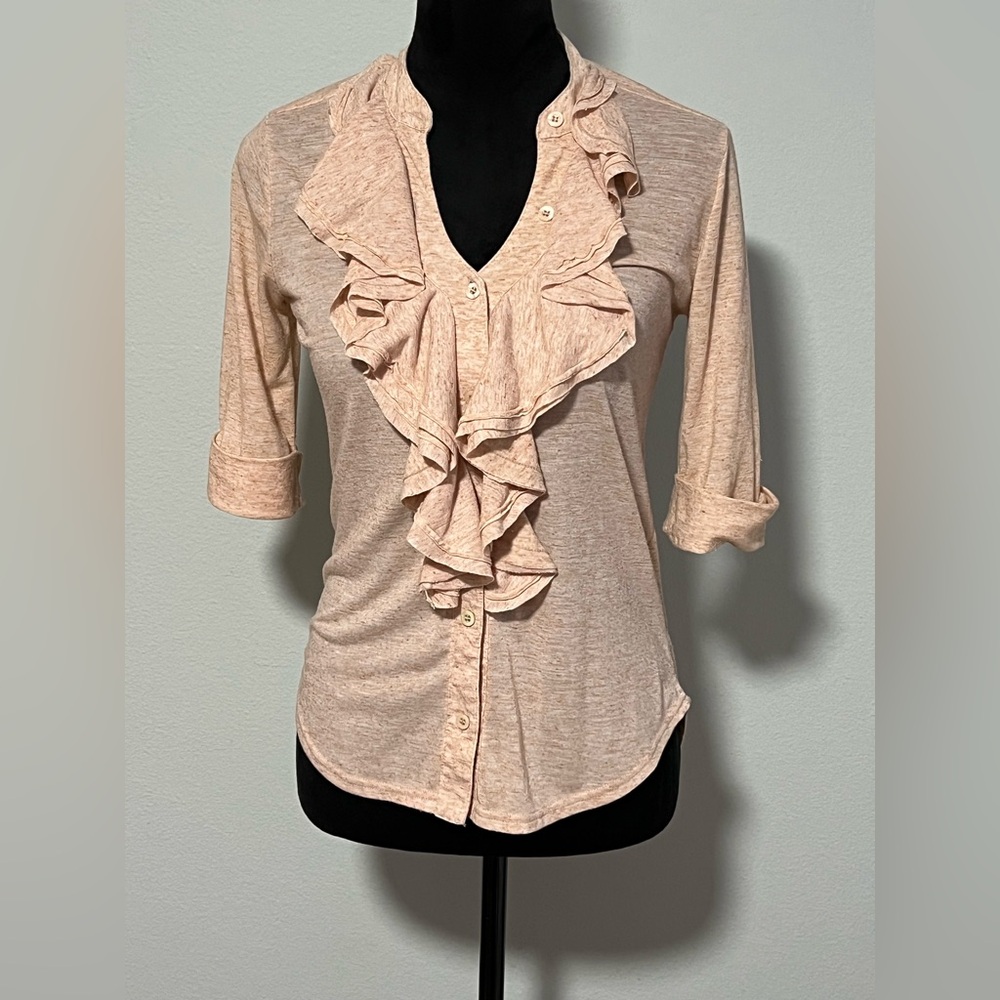 VELVET 3/4 Sleeve Button Front Soft Linen Blend Knit Ruffle Cardigan - M
